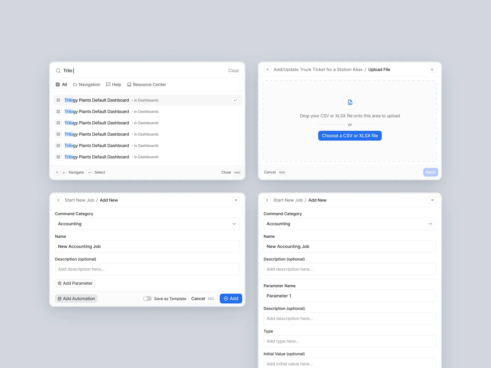 Consistent dialogs for search, upload and new jobs.