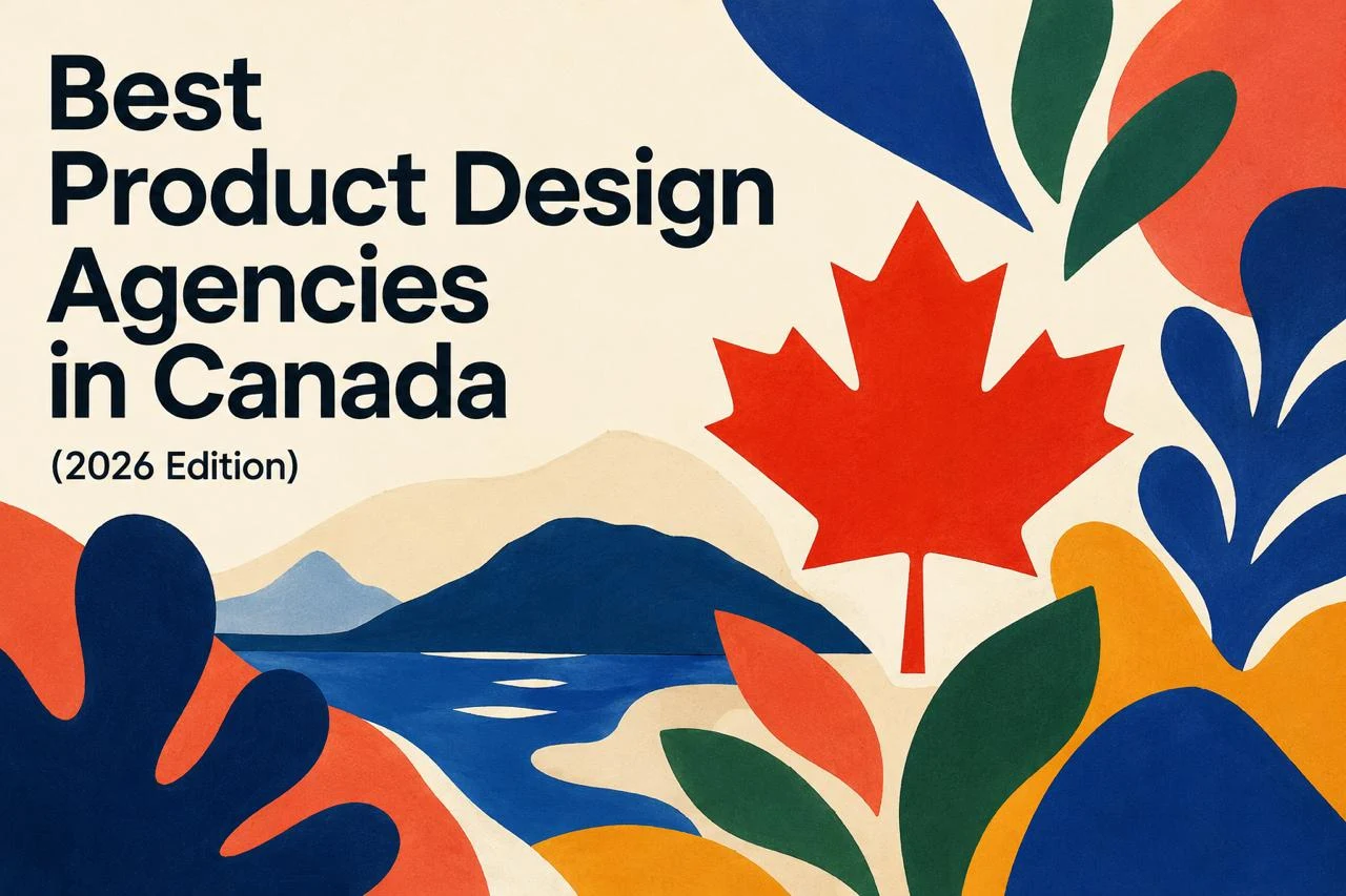 Best Product Design Agencies in Canada 2026 — Matisse-style editorial cover with a red maple leaf among cut-out shapes