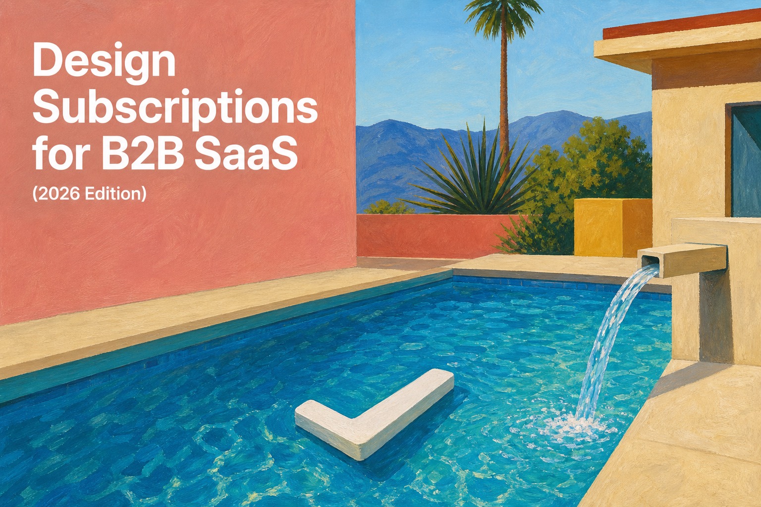 Painterly Hockney-style California poolside scene with terracotta wall and headline 'Design Subscriptions for B2B SaaS' — cover for the 2026 guide to product design subscription services for B2B SaaS