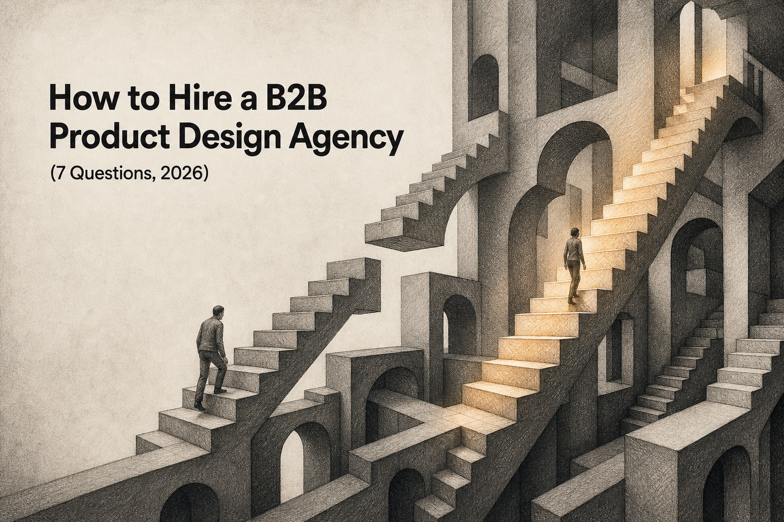 Escher-style impossible staircases, one lit path holding — how to hire a B2B product design agency