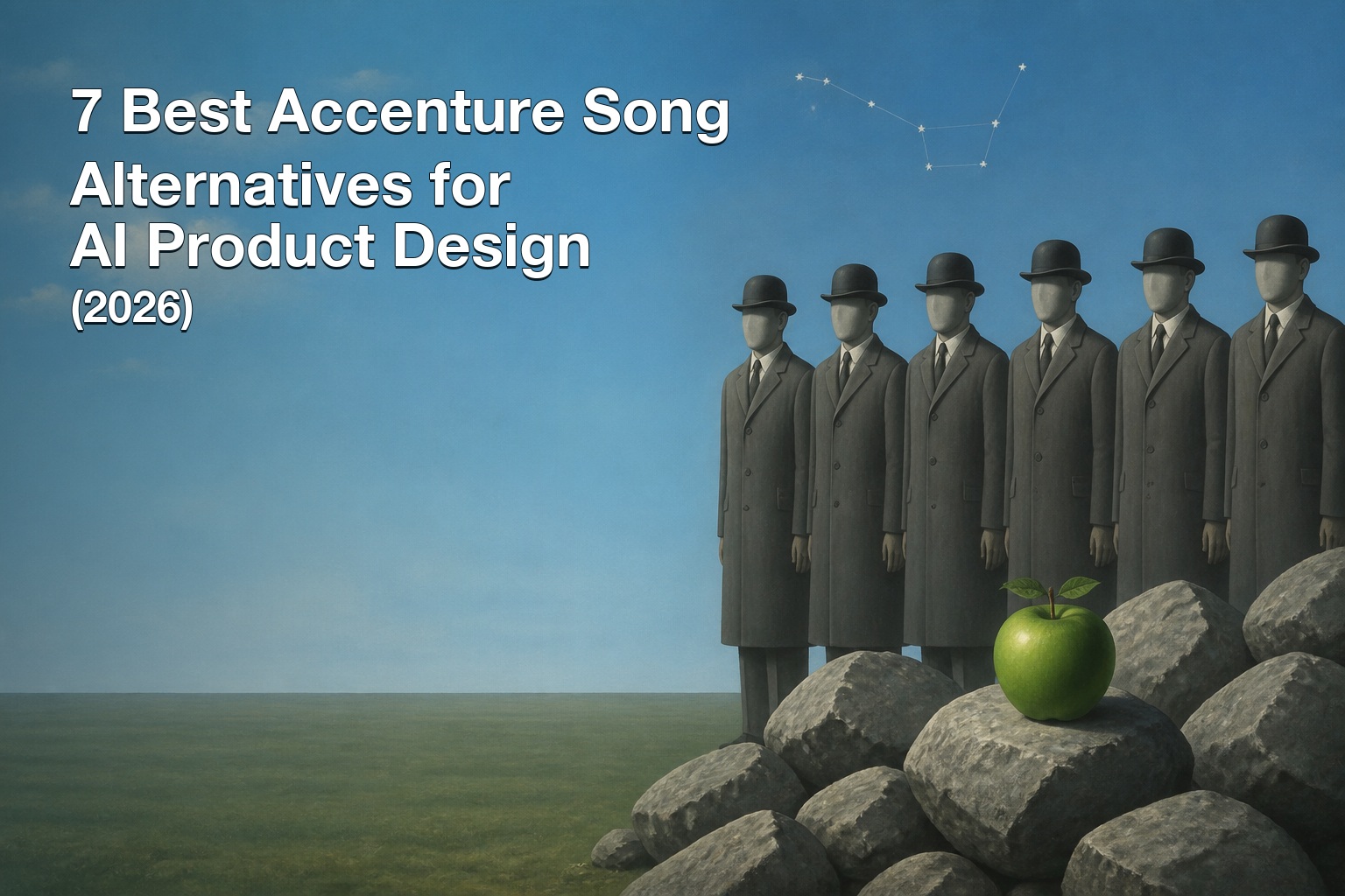 Surrealist Magritte-style painting of identical bowler-hat consultants with a single green apple — 7 best Accenture Song alternatives for AI product design in 2026
