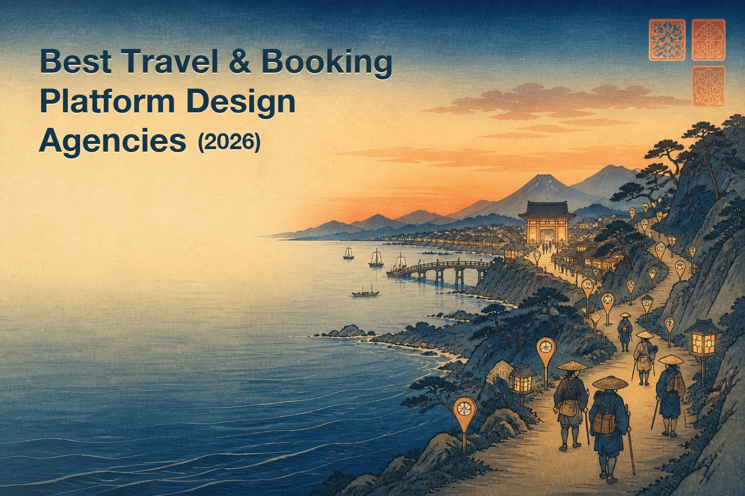 Ukiyo-e style coastal landscape at dusk with travelers and map-pin lanterns leading to a torii gate — best travel and booking platform design agencies in 2026