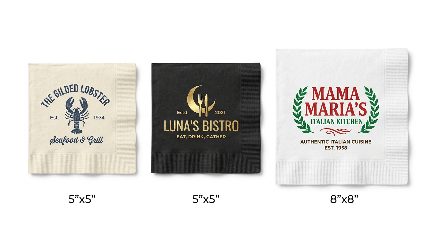 Beverage, cocktail and dinner napkins