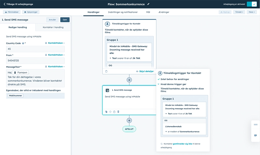 Screenshot af HubSpot interface af hvordan man opsætter automation med SMS.