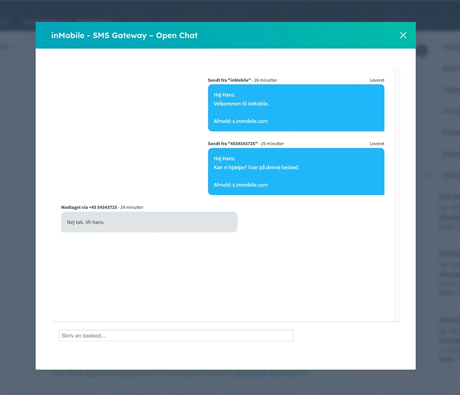 Billede af chatfunktion i HubSpots interface.