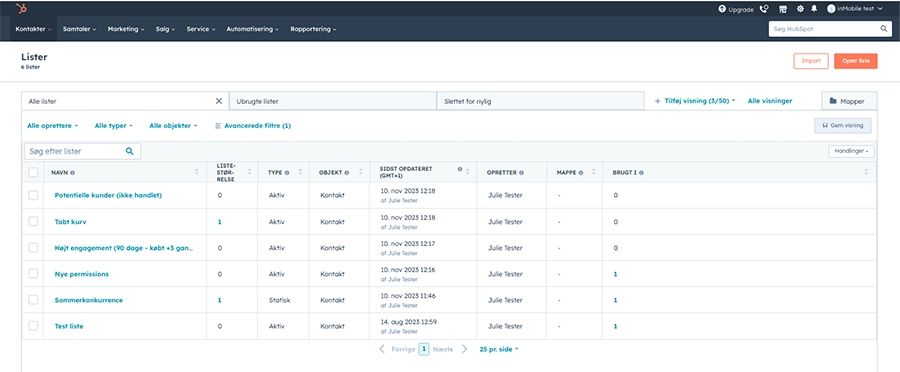 Billede af Hubspots interface hvor man kan segmentere modtagere i lister.