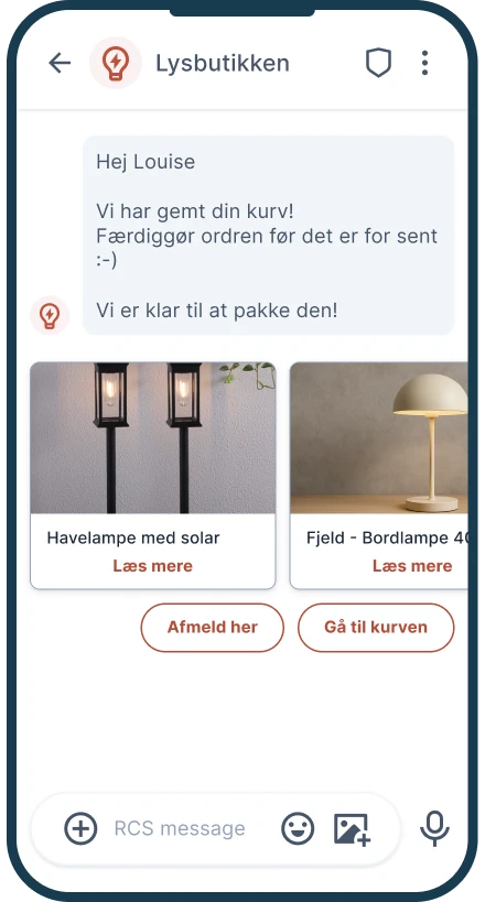 Et billede af en telefon med et eksempel på en RCS besked