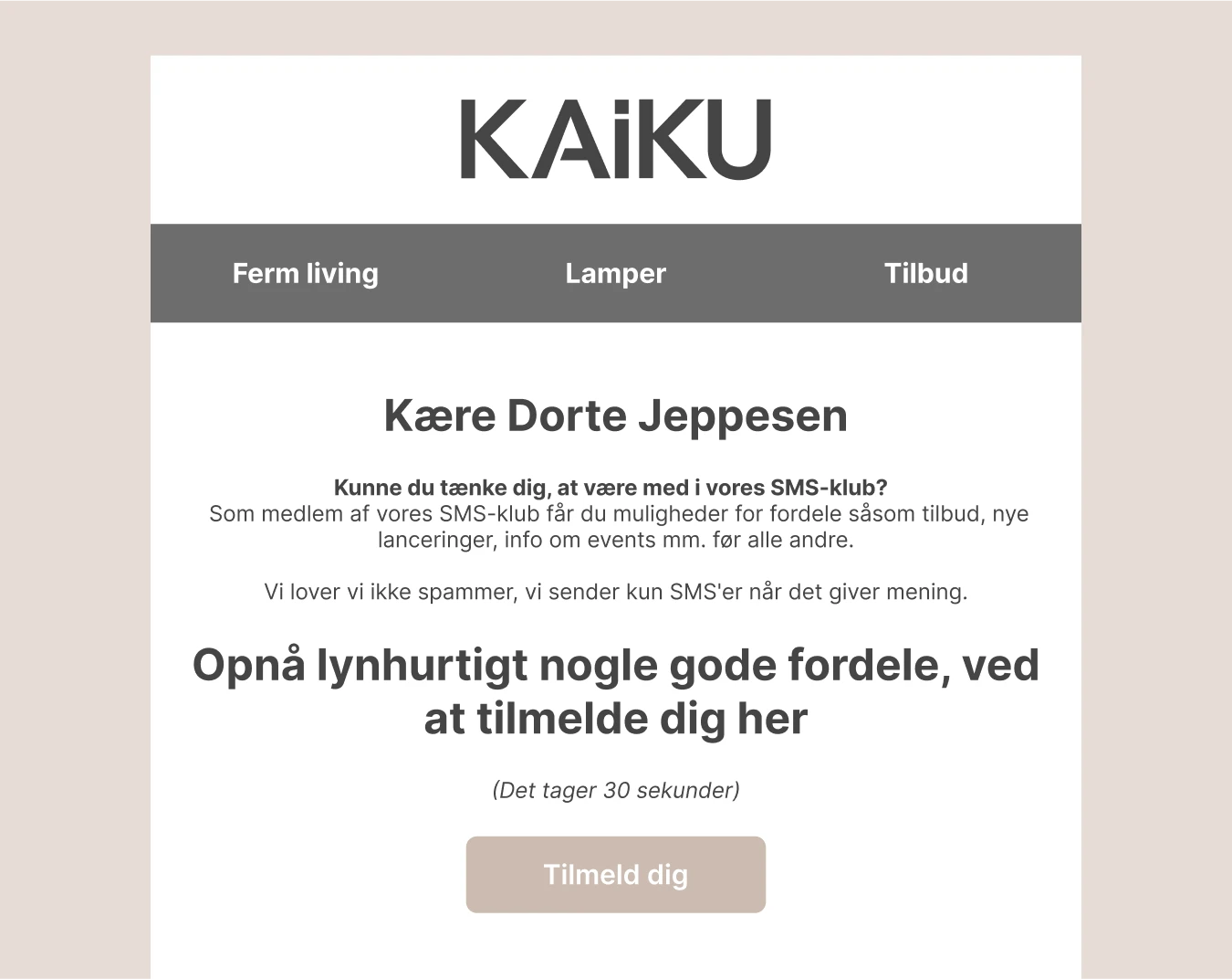 Billede af en email som opfordrer til at tilmelde sig en SMS-klub