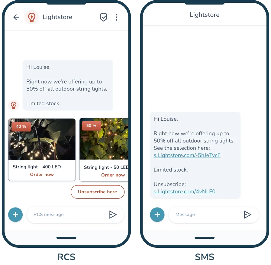 Sammenligning av RCS- og SMS-visning av tilbud fra Lightstore. RCS viser bilder og knapper, mens SMS inneholder lenker.