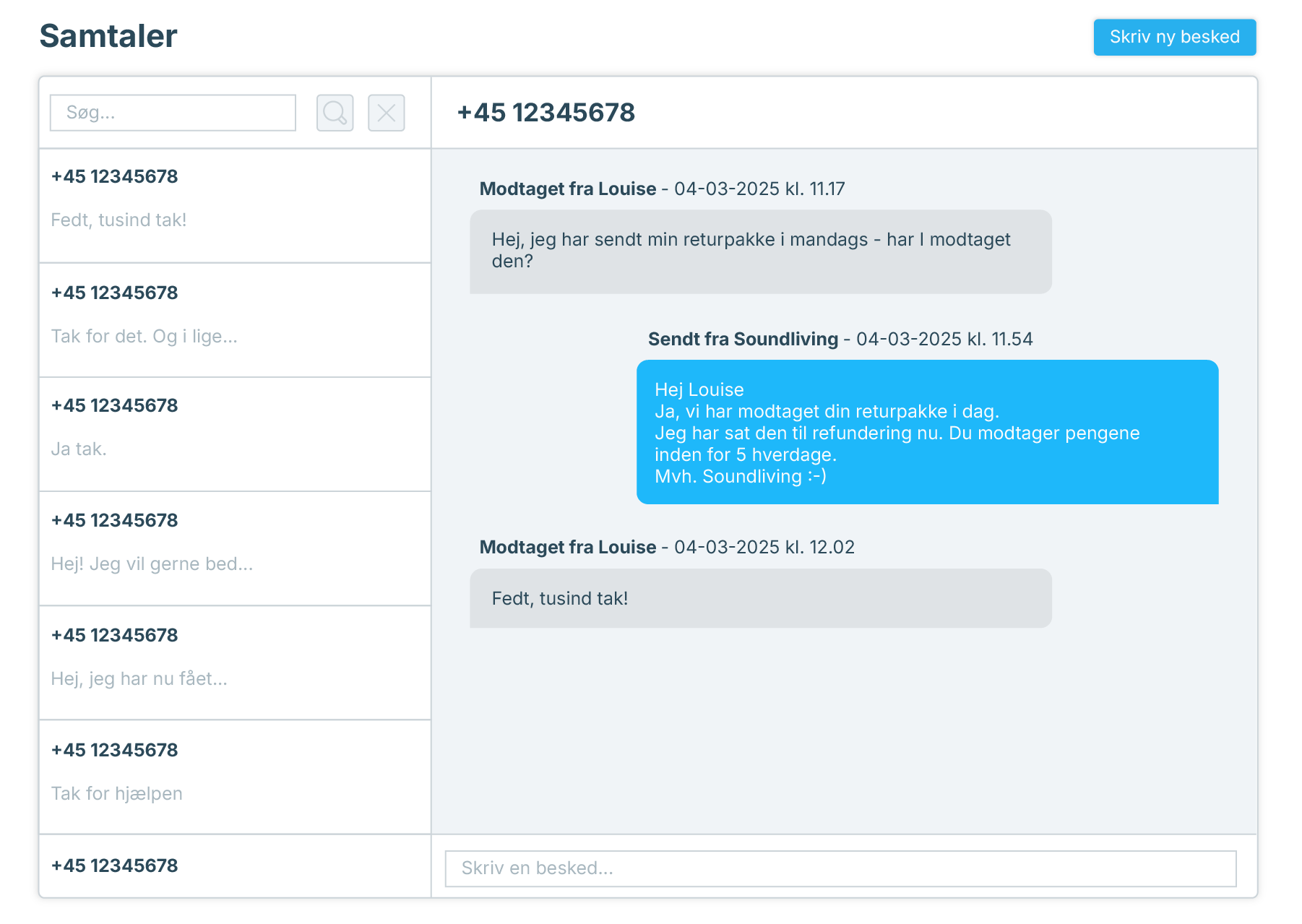 Grafik der viser en samtale i inMobile mellem Soundliving og en af deres kunder