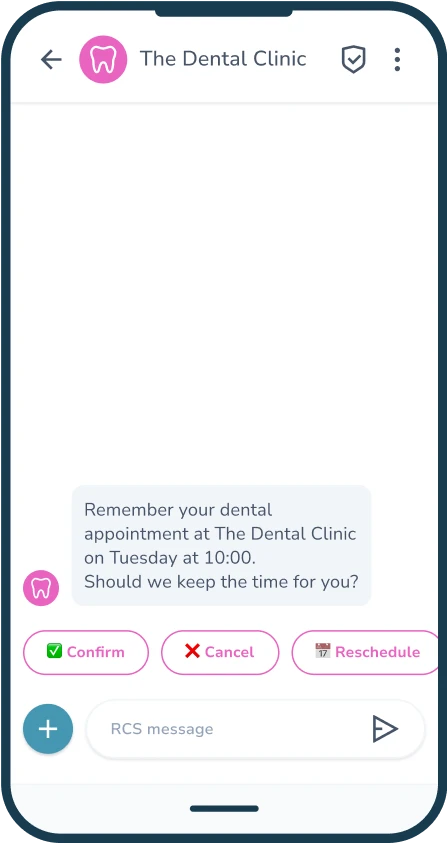 RCS message from dental clinic with appointment reminder and three buttons: Confirm, Cancel, Move appointment.