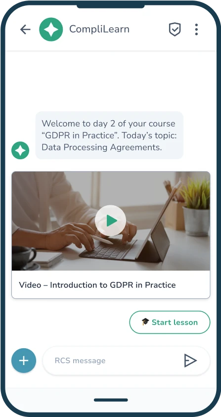 RCS message from CompliLearn with introduction to day 2 of the GDPR course. Video and button to start the lesson will appear.