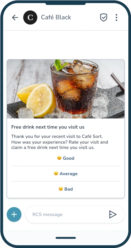 RCS message from a Café a questionnaire that asks about the customer's last visit with three response options: Good, Average, Bad.