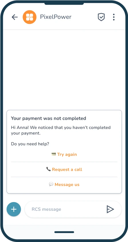 RCS message from PixelPower about incomplete payment with three help buttons: Try again, Get a call back, Write to us.