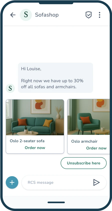 RCS message with two products and buttons for purchase and unsubscribe.