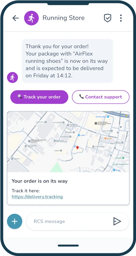 RCS message from a webshop with order confirmation, tracking button, support button and card with delivery link.
