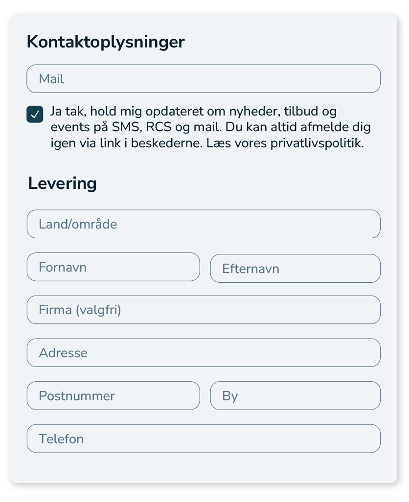 Check-out på webshop hvor der kan indsamles SMS permissions.