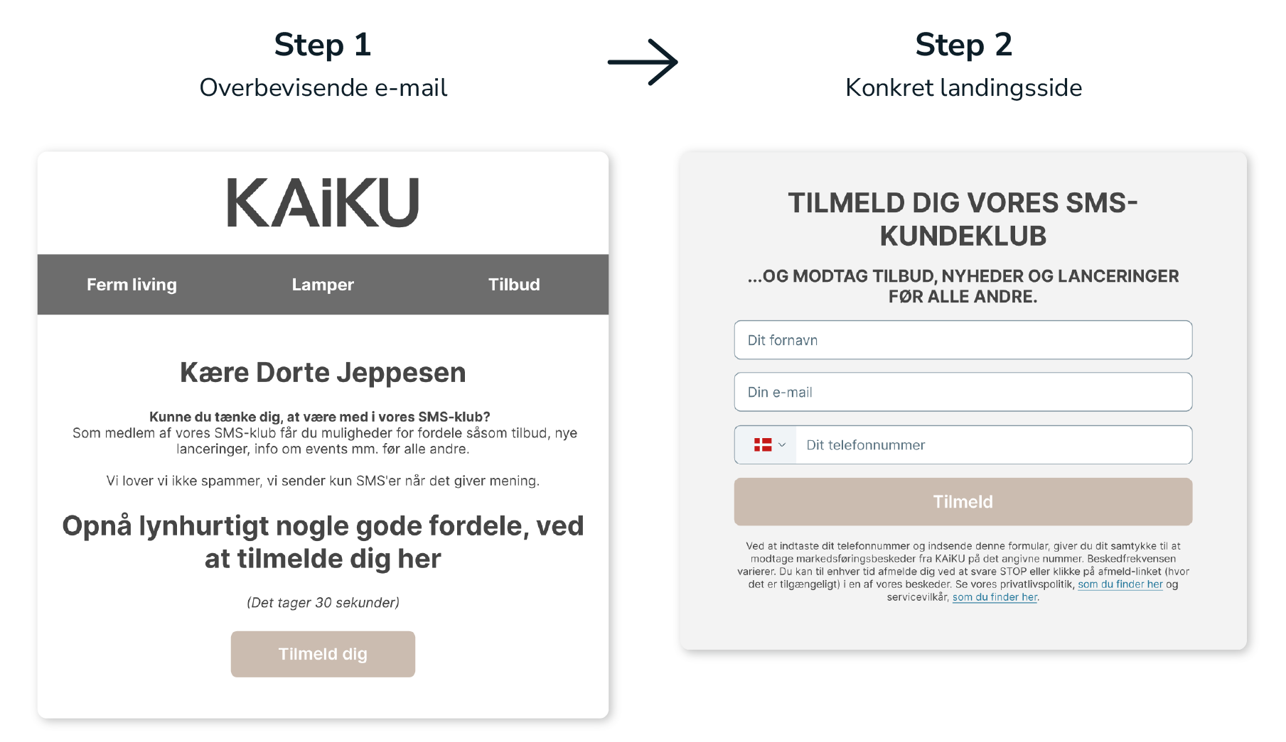 Step 1 er en overbevisende e-mail, og step 2 er en konkret landingsside. Her ses KAiKUs version.
