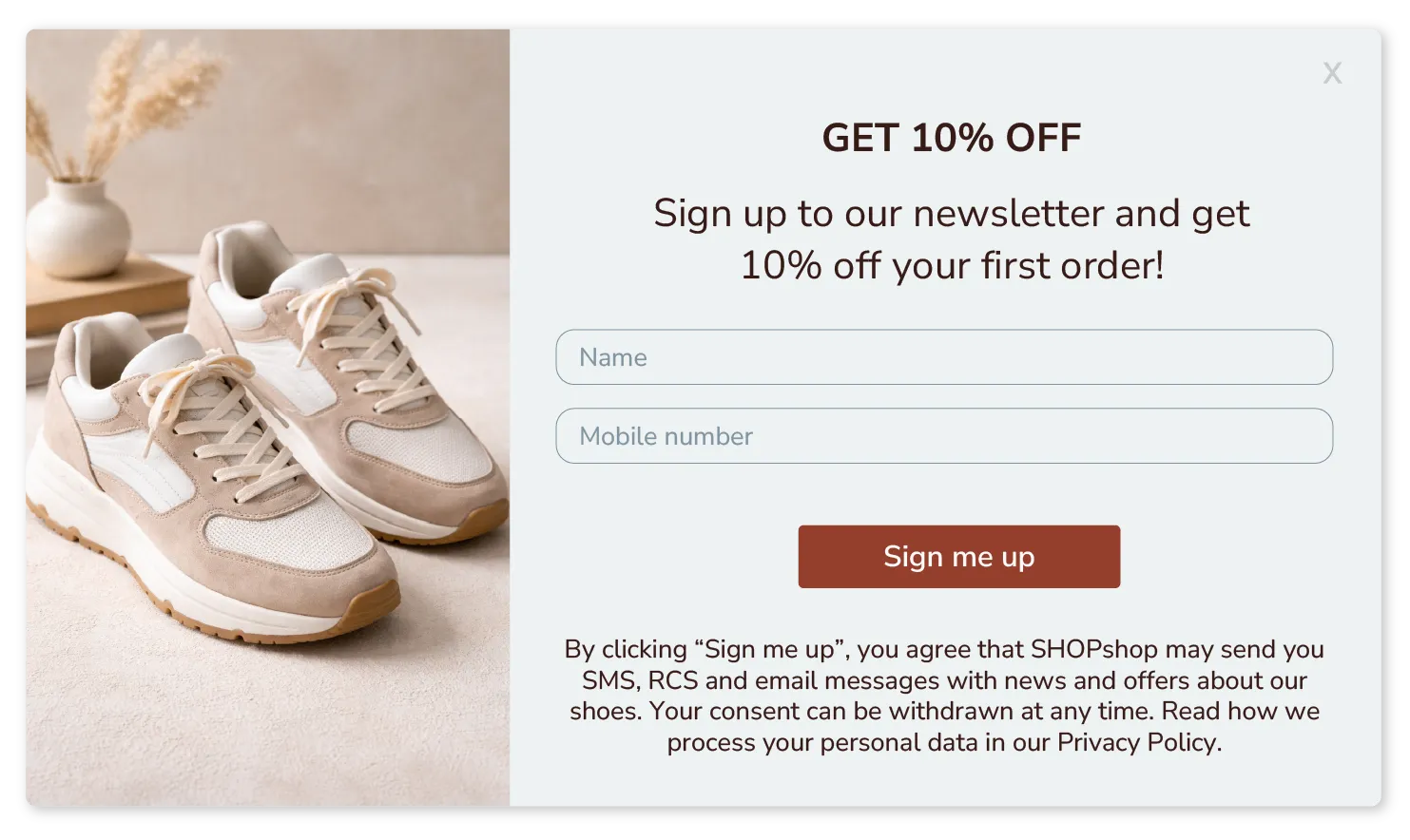 Pop-up där du kan få 10% rabatt genom att ge SMS tillåtelse.