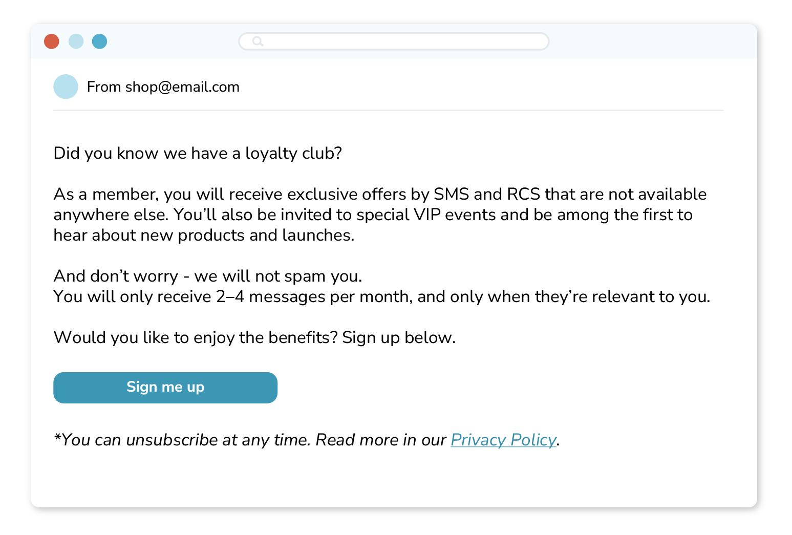 Eksempel på en e-post som oppfordrer deg til å melde deg inn i SMS-klubben og gi SMS-tillatelse.