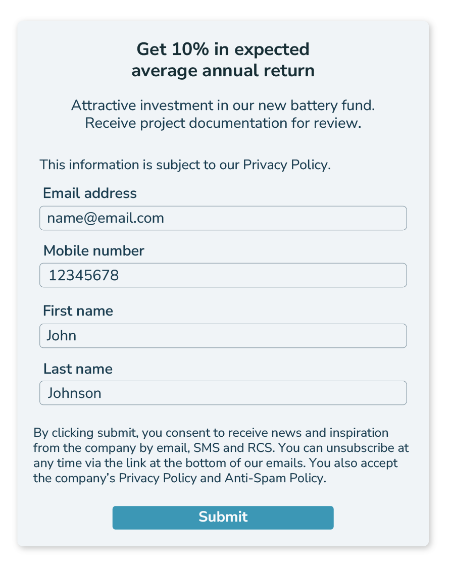 Lead-annonse der du kan få tilsendt materiale ved å gi tillatelse til å sende SMS.