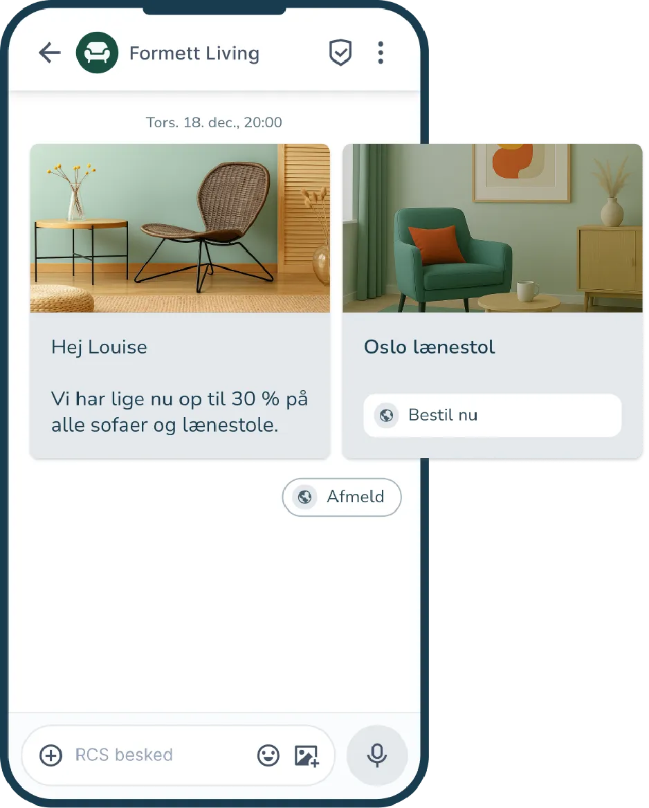 RCS-besked med to produkter og knapper til køb og afmelding.