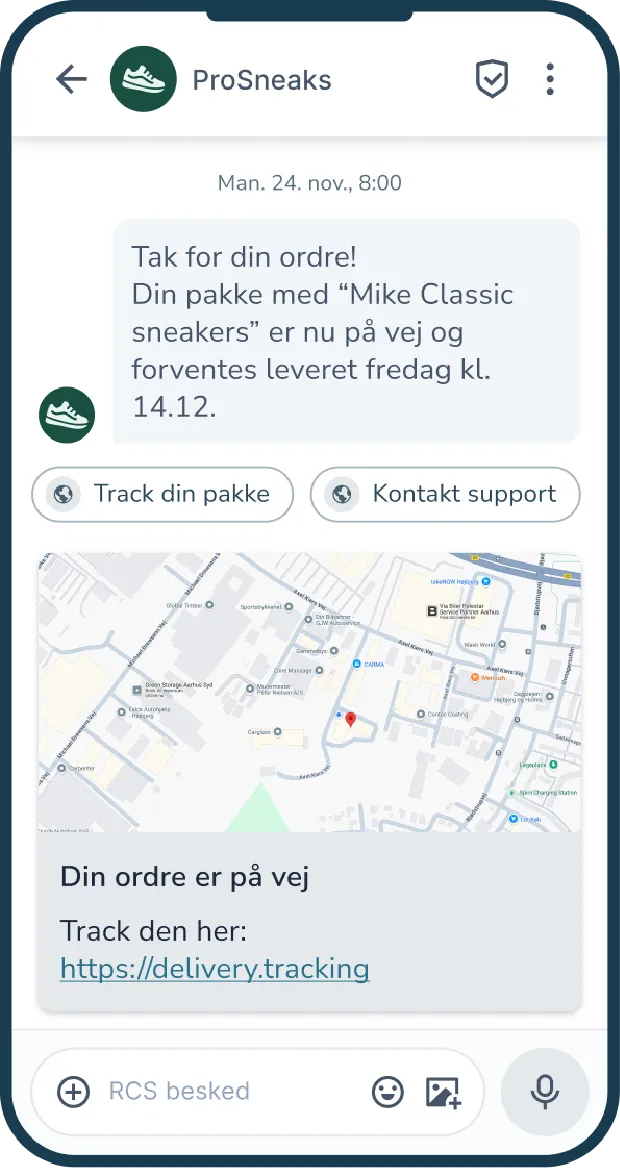 RCS-besked fra en webshop med ordrebekræftelse, trackingknap, supportknap og kort med leveringslink.