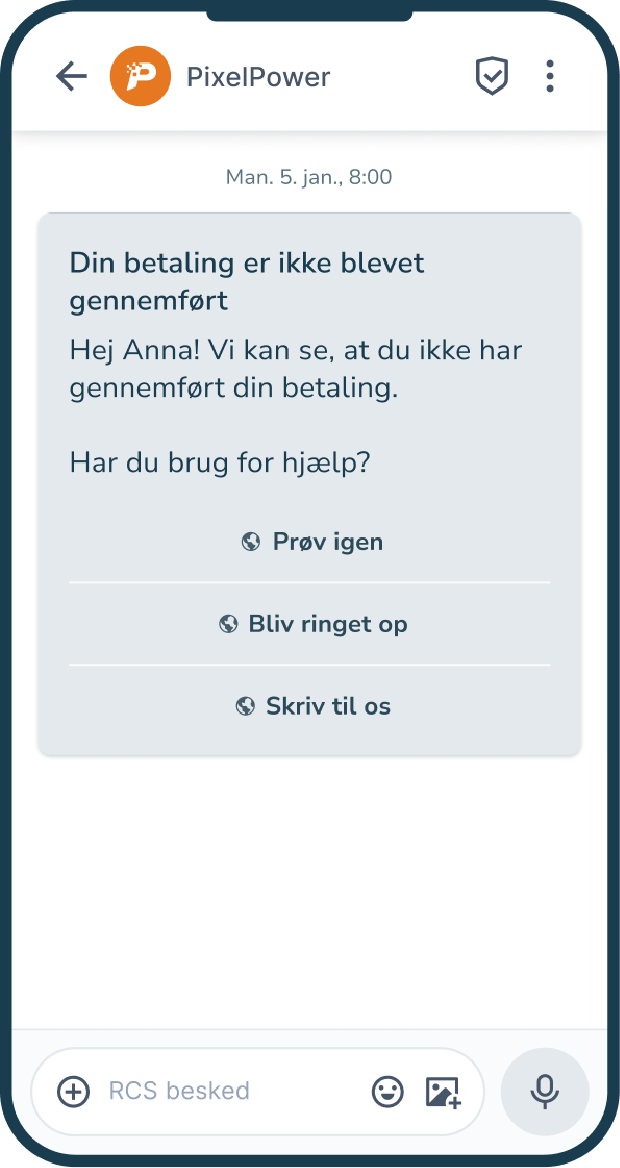RCS-besked fra PixelPower om ufuldført betaling med tre hjælpeknapper: Prøv igen, Bliv ringet op, Skriv til os.