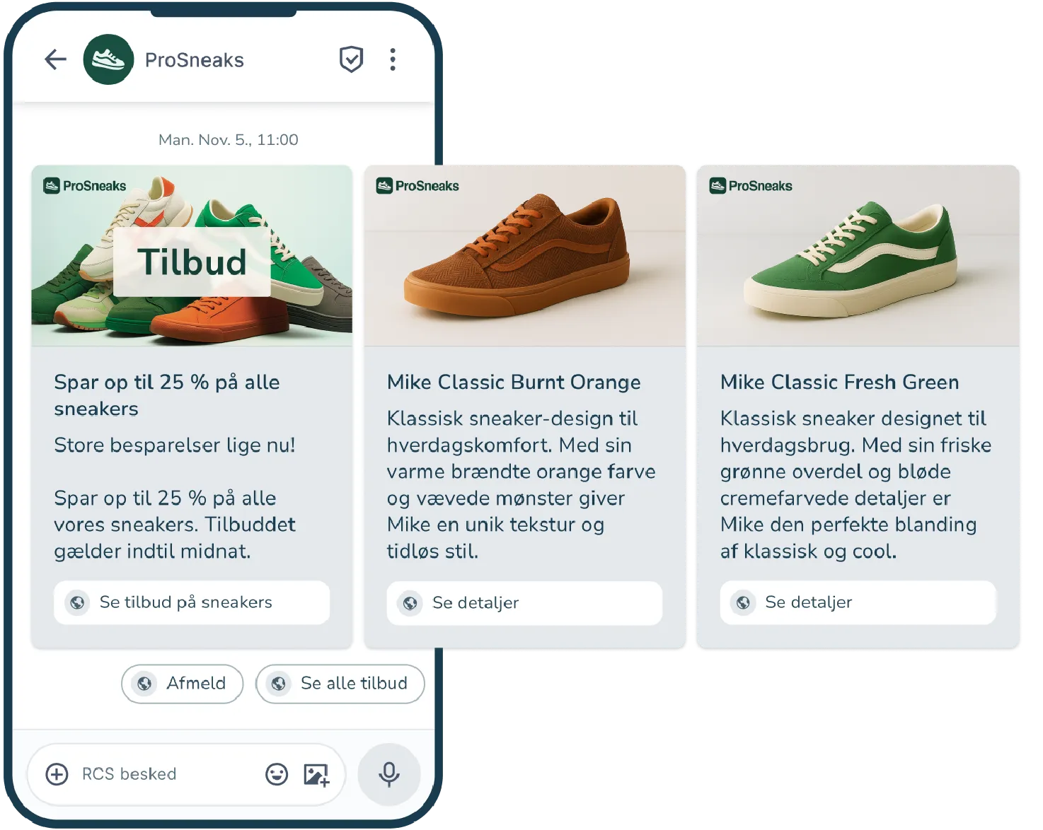 RCS-eksempel på en marketingkampagne der viser forskellige produkter i en karussel.