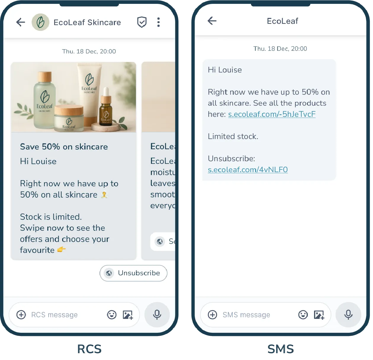 Sammenligning av RCS- og SMS-visning av tilbud fra Lightstore. RCS viser bilder og knapper, mens SMS inneholder lenker.