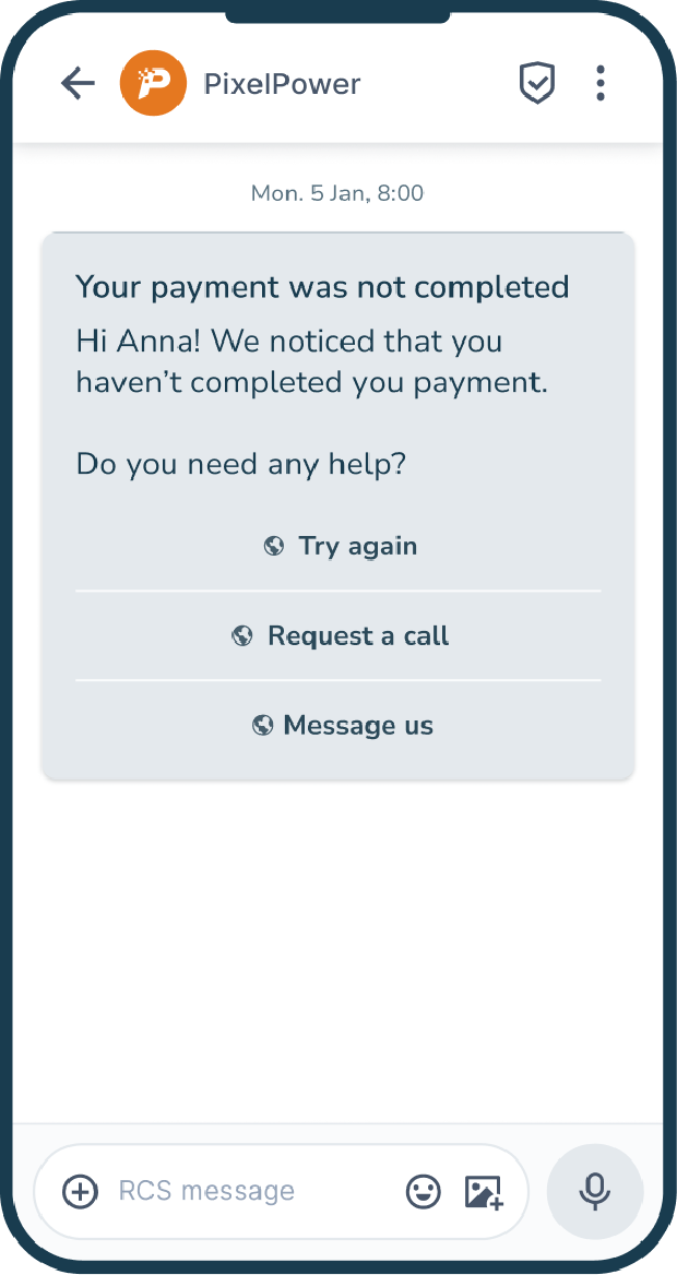 RCS-melding fra PixelPower om ufullstendig betaling med tre hjelpeknapper: Prøv igjen, Bli ringt tilbake, Skriv til oss.
