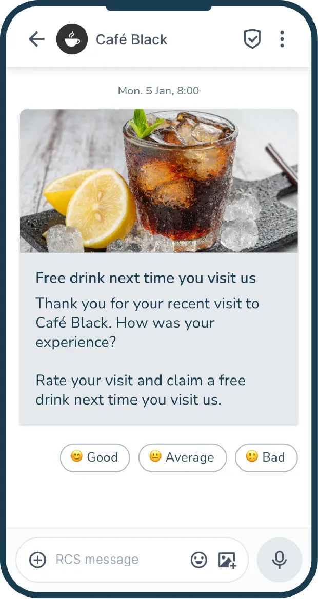 RCS-melding fra en kafé med et spørreskjema som spør om kundens siste besøk med tre svaralternativer: Bra, Gjennomsnittlig, Dårlig.