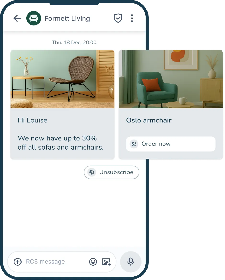 RCS-melding med to produkter og knapper for kjøp og avmelding.