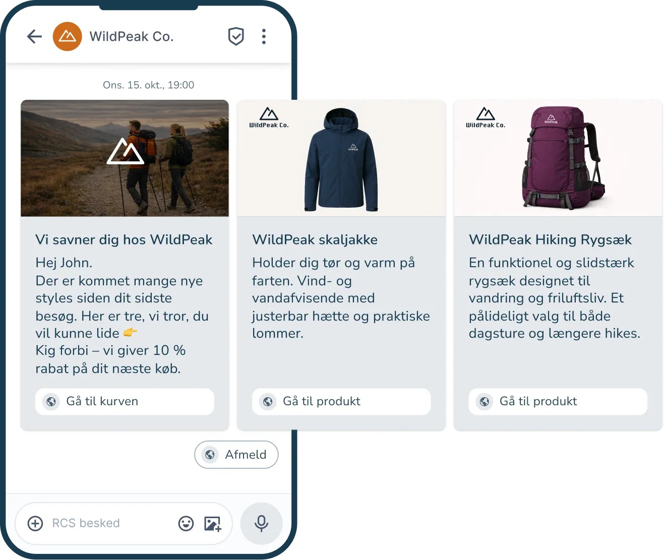 RCS-besked med karrusel der viser flere forskellige produkter samt produkttekster og knapper, hvor man kan gå direkte til produktet.