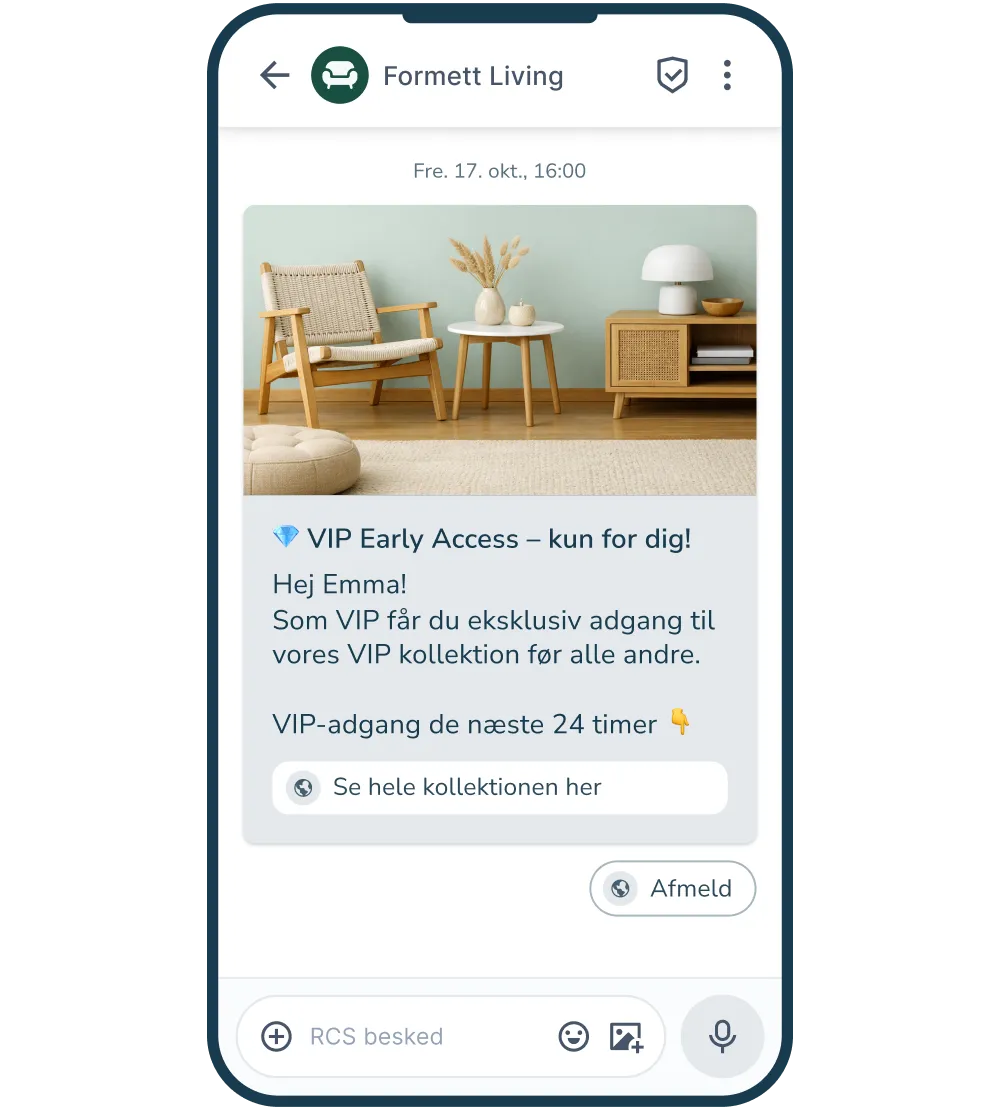RCS-besked med billede, personlig tekst og CTA-knap til at se kollektionen.