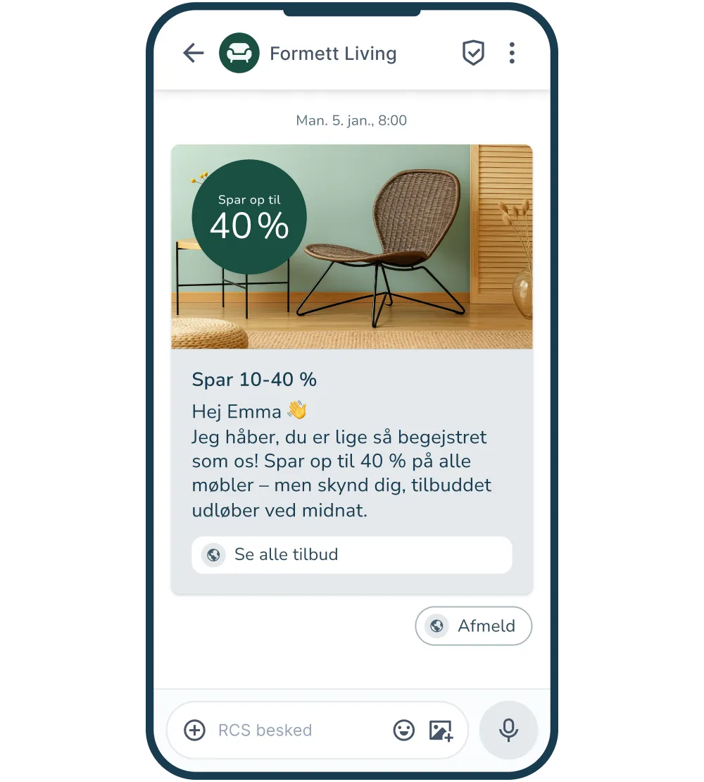 RCS-besked med tilbudsbillede, personlig tekst og CTA-knap til at se alle tilbud.