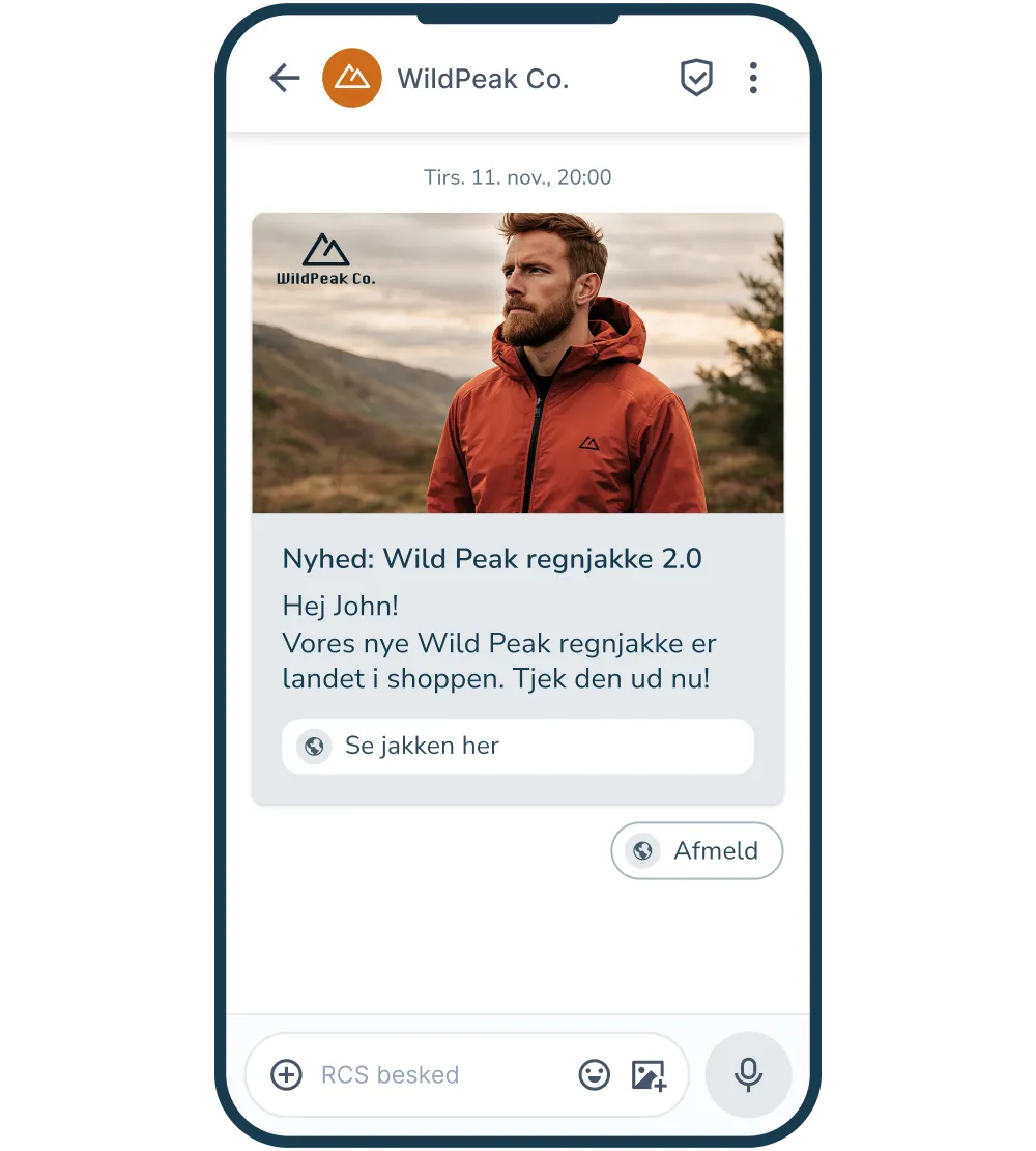 RCS-besked med produktbillede og tekst om et nyt produkt samt CTA-knap til at se produktet.