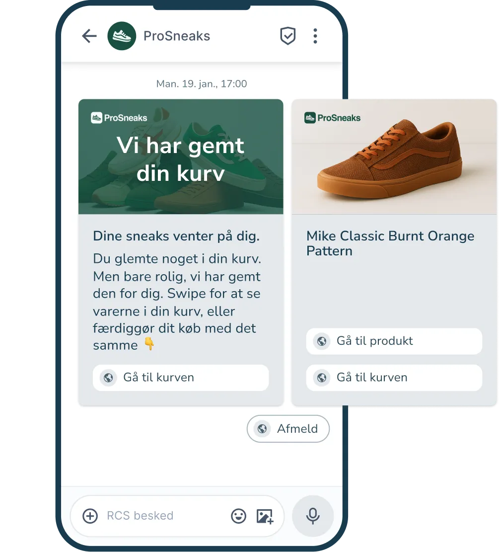 RCS-besked om forladt kurv med produktbilleder og tekst fra kurven og CTA-knapper til at færdiggøre købet.