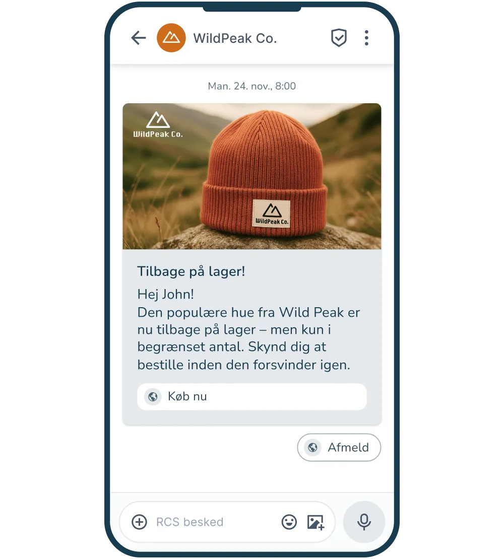 RCS besked der fortæller, at et produkt er tilbage på lager inklusive CTA-knap til køb.