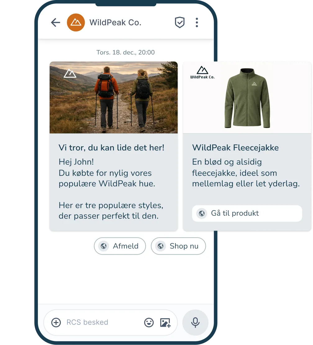 RCS besked med foreslåede produkter i en karrusel, som er relevante for modtageren. CTA-knapper direkte til produkterne.