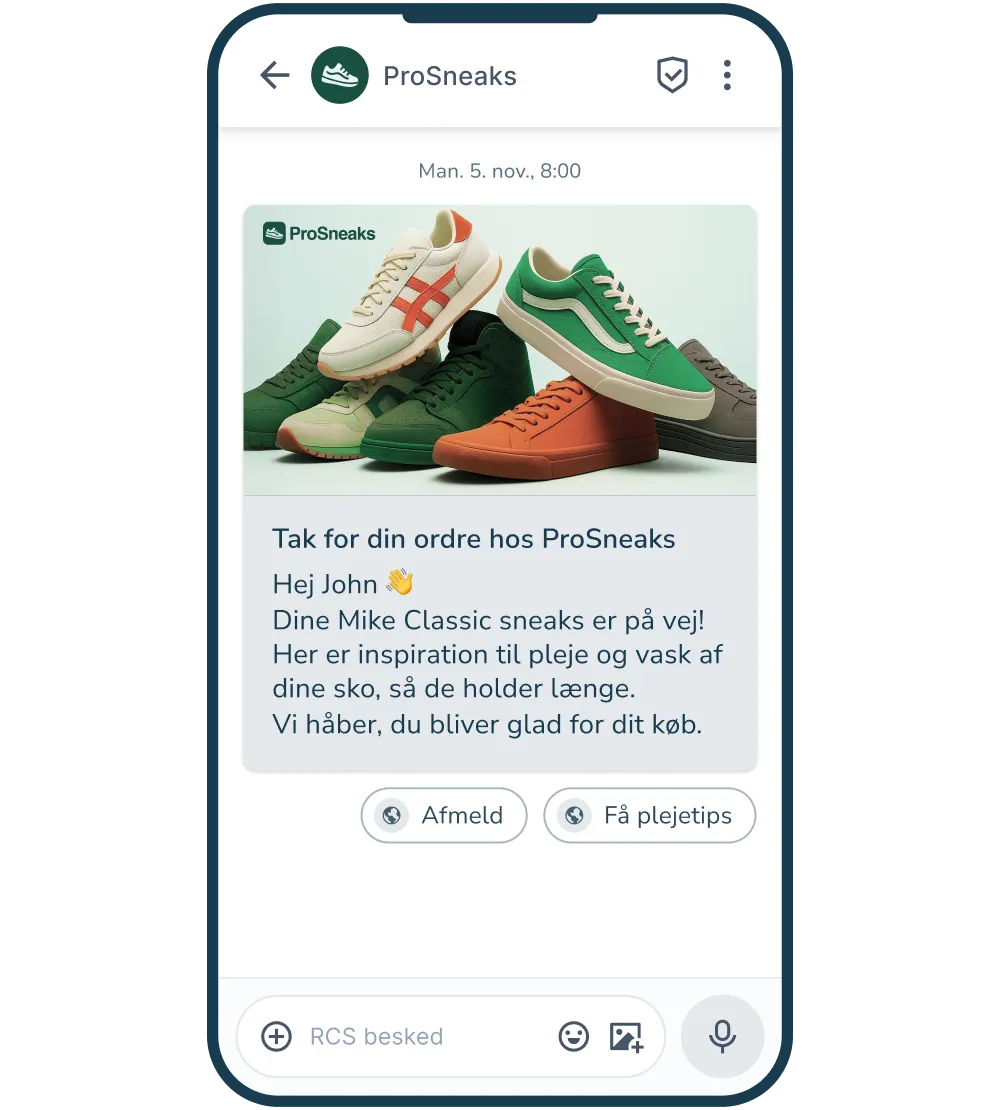RCS besked sendt efter køb med CTA-knap til plejetips for det købte produkt.