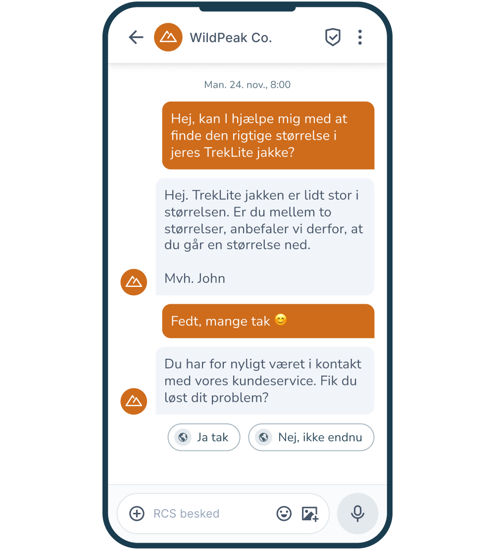 Samtaletråd mellem kunde g kundeservice.