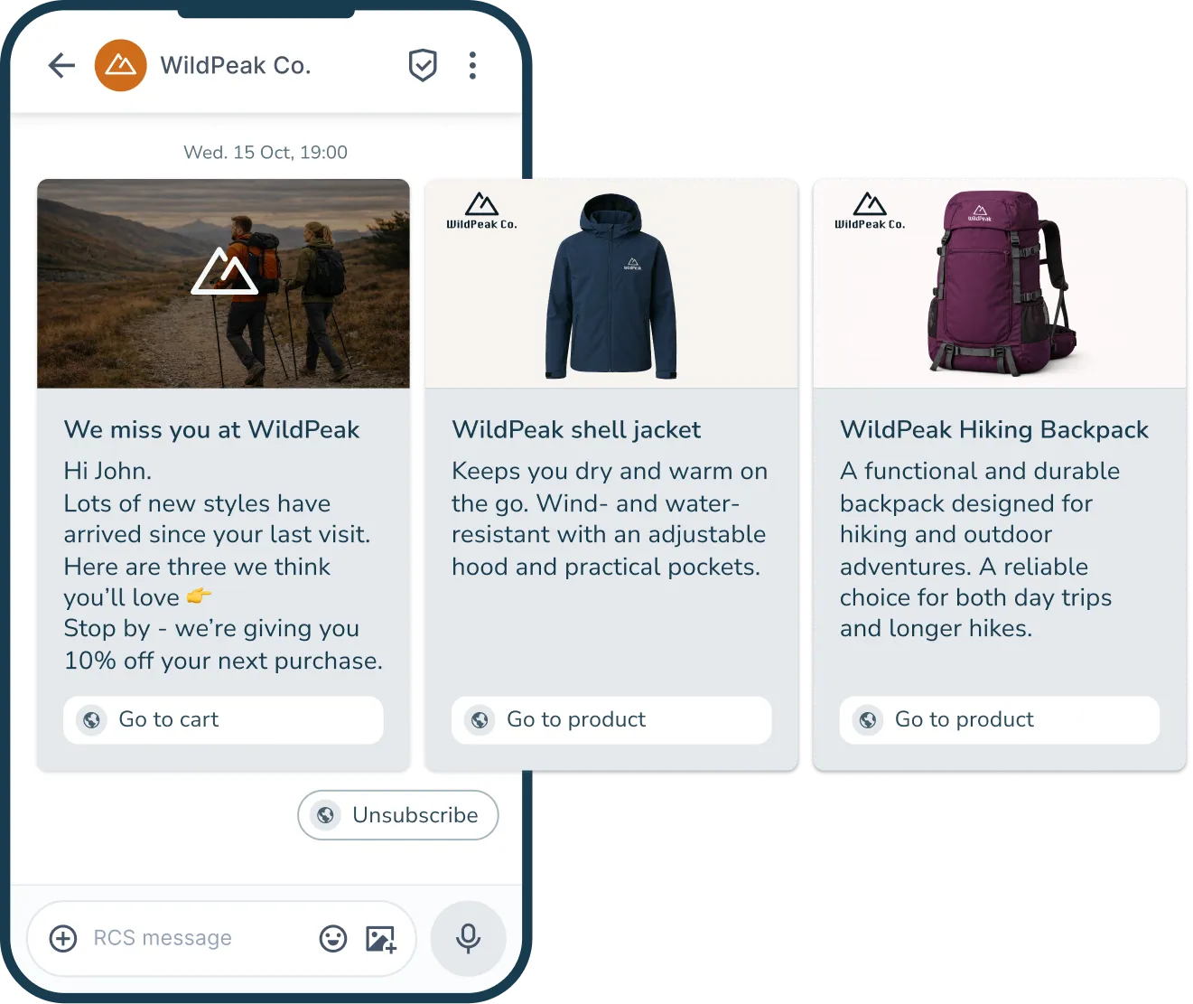 RCS-melding med karusell som viser flere forskjellige produkter, produkttekster og knapper for å gå direkte til produktet.