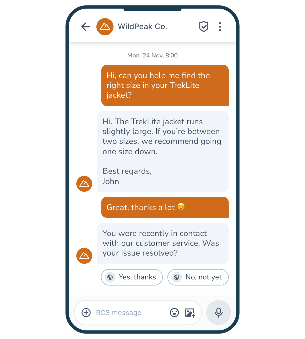 Samtaletråd mellom kunde og kundeservice.