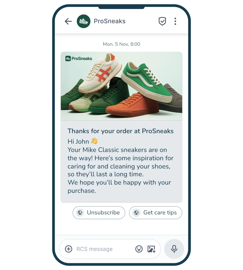 RCS-melding sendt etter kjøp med CTA-knapp for pleietips for det kjøpte produktet.