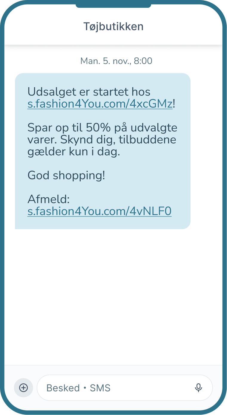SMS fra Tøjbutikken om udsalg med op til 50 % rabat og links til tilbud og afmelding.