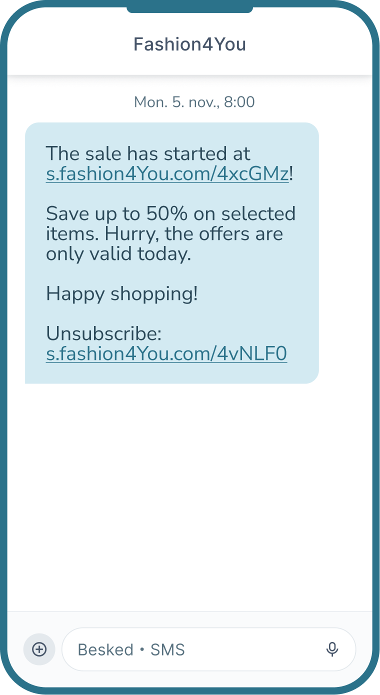 SMS from Tøjbutikken about sales with up to 50% off and links to offers and unsubscribe.