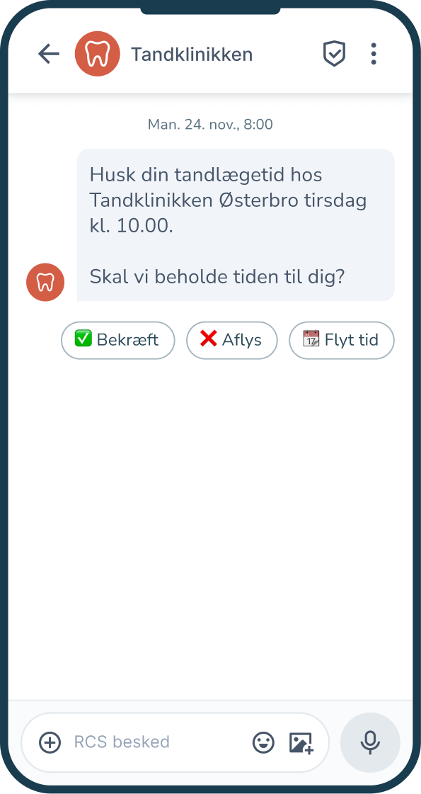 RCS-besked med påmindelse om tandlægetid.