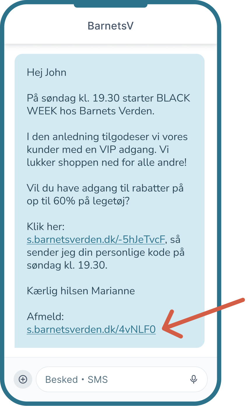 SMS med afmeldingslink markeret i beskeden