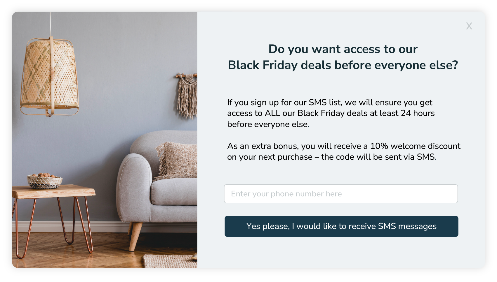 Bildexempel på en pop-up med SMS-tillstånd